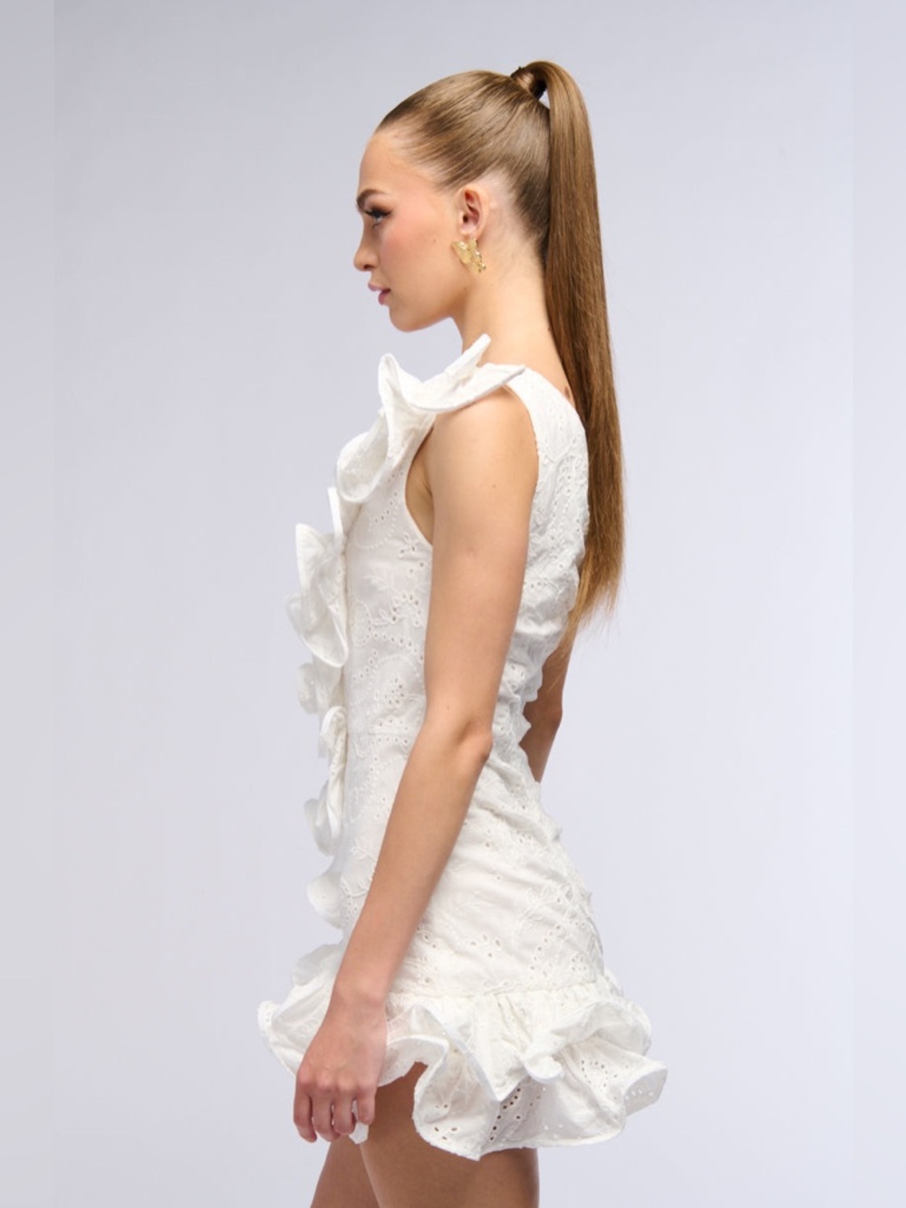 AKIRA White One-Shoulder Ruffle Eyelet Mini Dress - Picture 5 of 8